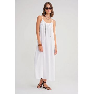 Rochie Maxi -  bretele - detalii incretite - Alb - Textil