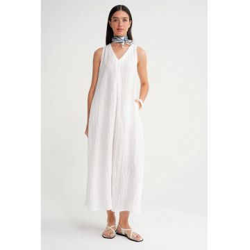Rochie Maxi -  decolteu in V - Alb - Textil