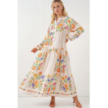 Rochie Maxi -  Decolteu in V - Portocaliu Stralucitor - Textil