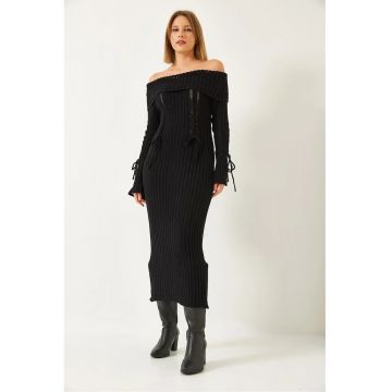 Rochie maxi -  fara bretele - dungi - negru - tricot -