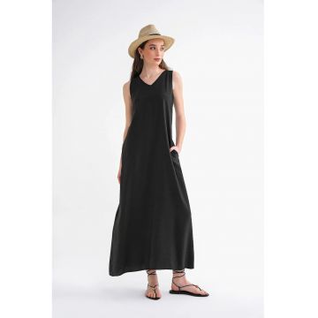 Rochie Maxi -  fara maneci - decolteu in V - negru - textil