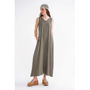 Rochie Maxi -  Fara Maneci - Guler in V - Gri - Textil