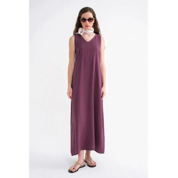 Rochie Maxi -  fara maneci - guler in V - rosu - textil