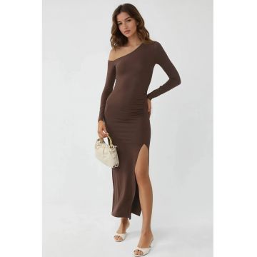 Rochie maxi  guler asimetric - maro cafeniu - jerseu