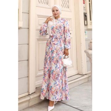 Rochie Maxi -  guler rotund - banda in talie - roz pal - textil