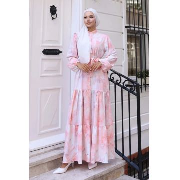 Rochie Maxi  guler rotund - banda in talie - roz pudrat - textil