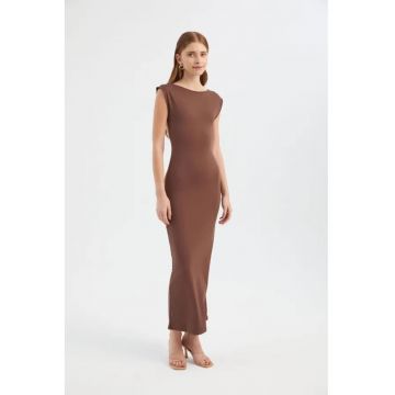 Rochie maxi -  guler rotund - spate fara maneci - maro - jerseu