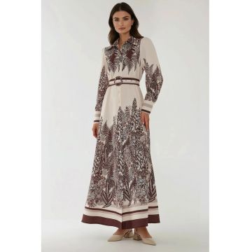 Rochie maxi -  maneca lunga - imprimeu - bej - textil