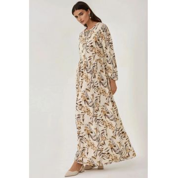 Rochie maxi  maneca lunga - imprimeu floral - bej - viscoza