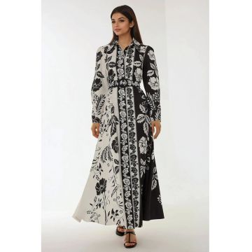 Rochie maxi  maneca lunga - imprimeu - negru - textil