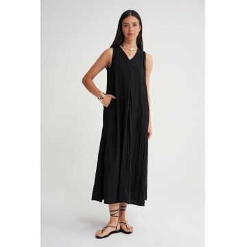 Rochie Maxi Midi -  decolteu in V - negru - textil