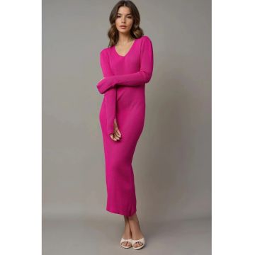 Rochie maxi -  tricotata - decolteu in V - roz -