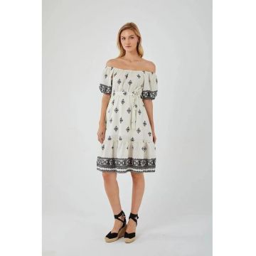 Rochie Midi -  cu Decolteu Barca - imprimeu floral - negru - textil