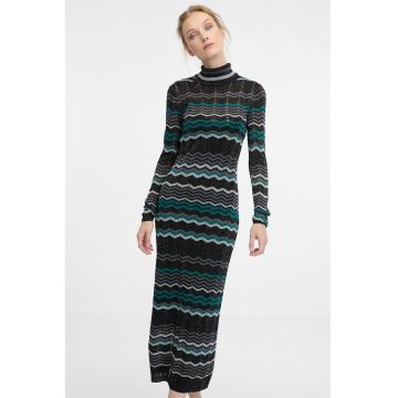 Rochie midi cu dungi si guler scurt - Negru/Gri deschis/Verde aquamarin