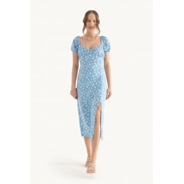 Rochie midi  decolteu in forma de inima - maneci bufante - crapatura laterala - albastra - textil