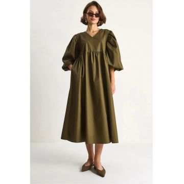 Rochie midi  decolteu in V - kaki - textil