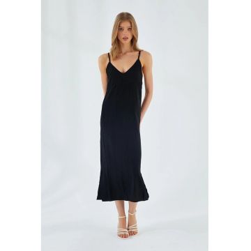 Rochie midi -  decolteu in V - slit - negru - textil