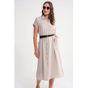 Rochie Midi -  Detaliu Curea - Guler cu Nasturi - Piatra Naturala - Textil