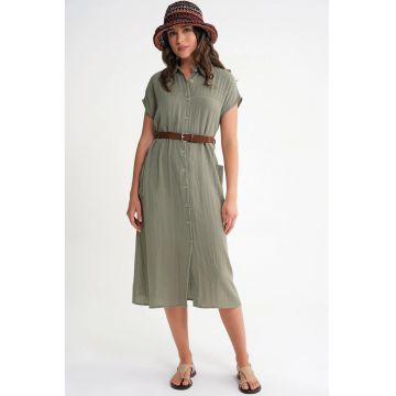 Rochie Midi -  Detaliu Curea - Guler cu Nasturi - Verde Kaki - Textil