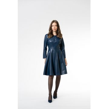 Rochie midi din piele sintetica cu croiala evazata si maneci 3/4