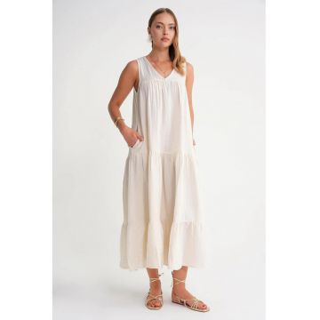 Rochie midi -  fara maneci - alb - bumbac