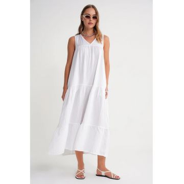 Rochie Midi -  fara maneci - decolteu in V - alb - bumbac