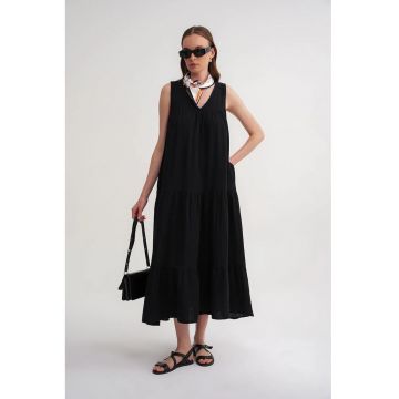Rochie Midi -  fara maneci - decolteu in V - negru - bumbac