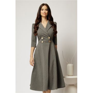 Rochie midi gri cu glitter cu bustul petrecut si nasturi decorativi