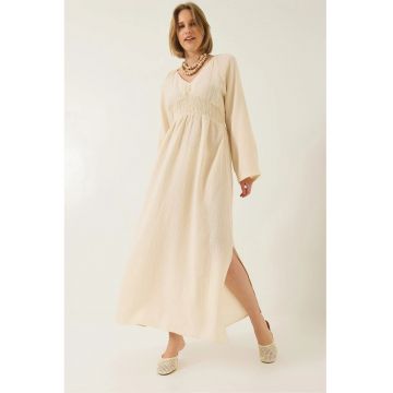 Rochie midi - HiCCUP - texturata - decolteu in V - bej - bumbac