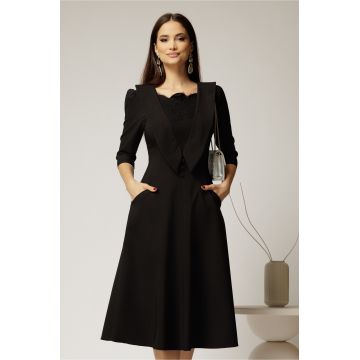 Rochie midi neagra de ocazie cu insertii din dantela la bust si buzunare