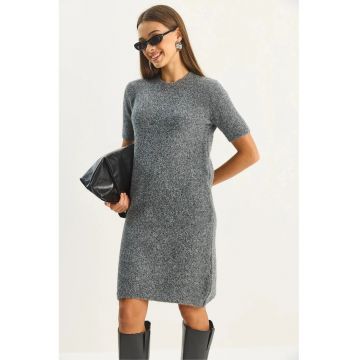 Rochie midi -  tricotata - gri - cu guler la baza gatului -