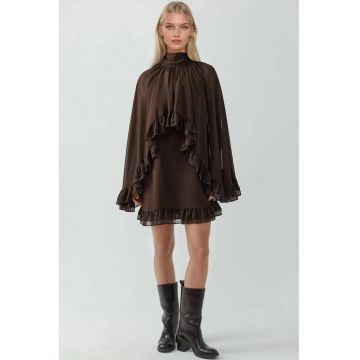Rochie Mini  cu maneci lungi - cu volanase - Maro - Textil