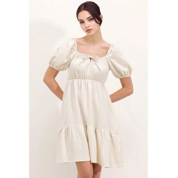 Rochie mini dama - HiCCUP - forma A - decolteu patrat - bumbac/poliester - bej