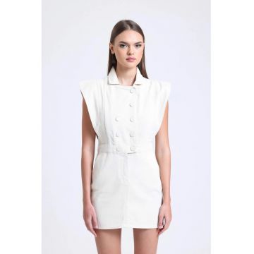 Rochie mini -  guler polo - umeri captusiti - alb - textil