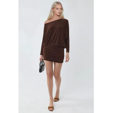 Rochie mini  mulata - guler asimetric - maro - jerseu