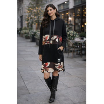 Rochie neagra cu gluga si imprimeu flori