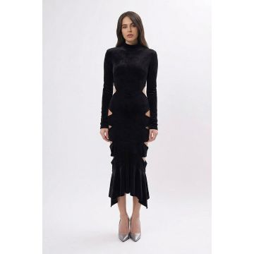 Rochie Neagra din Catifea Midi cu Decupaje și Volan Asimetric