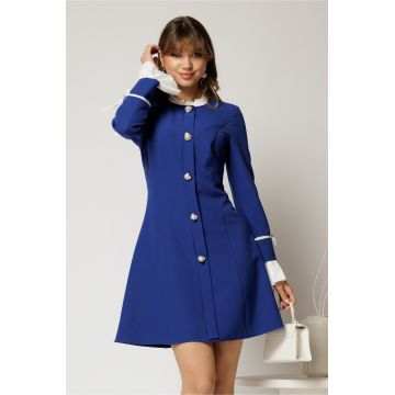 Rochie scurta albastra cu croi in clini si mansete si guler incretit