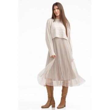 Rochie suprapusa din tulle cu bulinute cu puloveras cu model, bej deschis