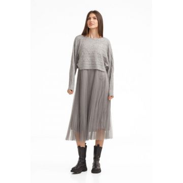 Rochie suprapusa din tulle cu bulinute cu puloveras cu model, gri