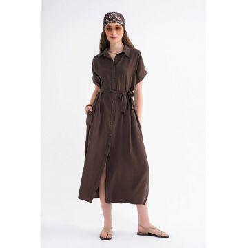 Rochie tip camasa  cu cordon - maro - textil