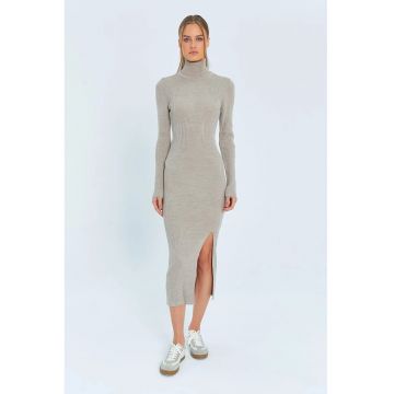 Rochii -  Rochie tricotata midi cu guler si slit - Stone Natural - tricot