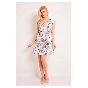 Rochie Dama - Evazata -  L035 - Model Cu Flori - Marimea XL - Material 100% Poliester - Midi - Decolteu In V - Fara Maneci - De Inalta Calitate - Ecru