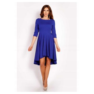 Rochie Dama -  L004 - Asimetrica Evazata Midi - Maneci 3/4 - Usor Evazata la Baza - Tesatura Confortabila cu Elastan - Croiala Clasica Eleganta - Ideala la Birou - Albastru - Marime