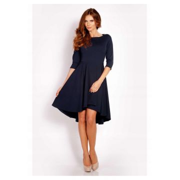 Rochie Dama -  L004 - Asimetrica Evazata Midi - Maneci 3/4 - Usor Evazata la Baza - Tesatura Confortabila cu Elastan - Croiala Clasica Eleganta - Ideala la Birou - Bleumarin