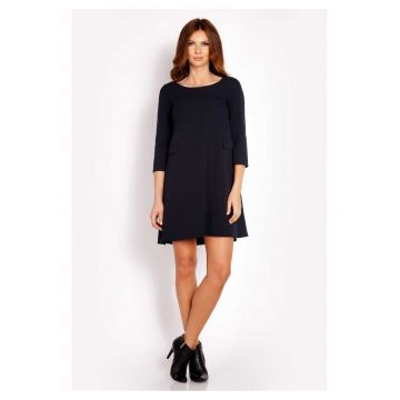 Rochie Dama -  L005 - Trapez Mini - Eleganta - Maneci 3/4 - Tesatura Confortabila cu Vascoza si Elastan - Croiala Clasica - Ideala Stil Formal si Casual - Albastru Inchis