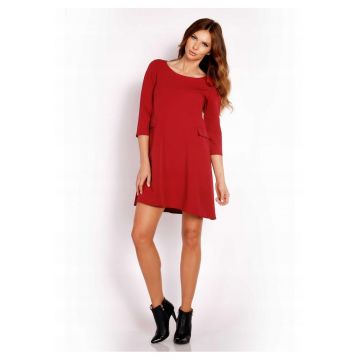 Rochie Dama -  L005 - Trapez Mini - Eleganta - Maneci 3/4 - Tesatura Confortabila cu Vascoza si Elastan - Croiala Clasica - Ideala Stil Formal si Casual - Bordeaux