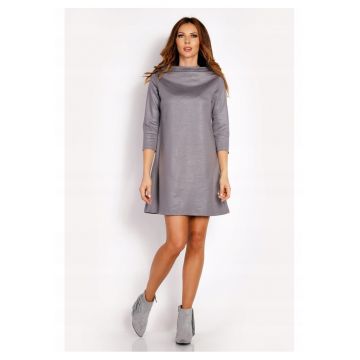 Rochie Dama -  L006 - Trapez Mini - Decolteu Tip Cascada - Maneci 3/4 - Usor Evazata - Tesatura Confortabila cu Vascoza si Elastan - Eleganta - Ideala Intalniri - Gri