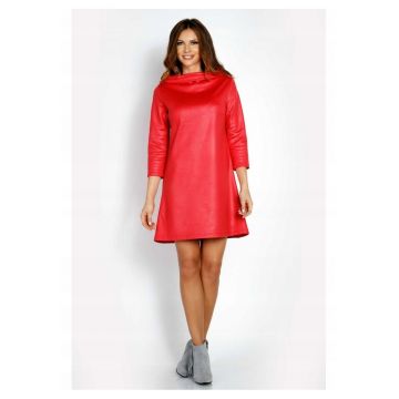 Rochie Dama -  L006 - Trapez Mini - Decolteu Tip Cascada - Maneci 3/4 - Usor Evazata - Tesatura Confortabila cu Vascoza si Elastan - Eleganta - Ideala Intalniri - Roz