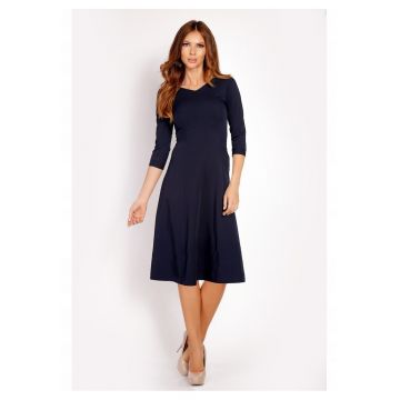 Rochie Dama -  L014 - Trapez - Eleganta - Maneci 3/4 - Croiala Evazata - Lungime Mini - Tesatura Confortabila cu Vascoza si Elastan - Fason Clasic - Ideala Iesiri - Bleumarin